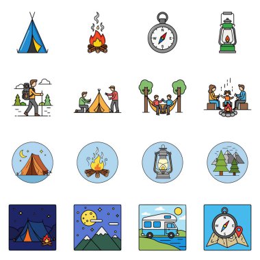 Çadırların, kamp ateşinin, fenerlerin, dağların, yürüyüşçülerin ve doğa elementlerinin yer aldığı temiz renkli çizimler içeren macera ve kamp temalı vektör çizimleri