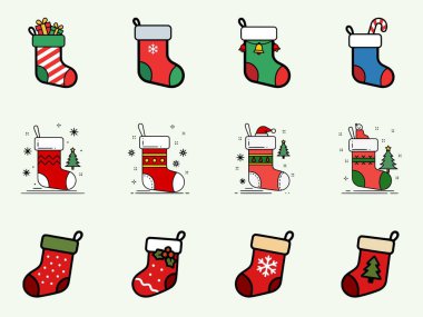 Çeşitli tasarımların, neşeli süslemelerin, kış sembollerinin, hediye eşyalarının ve neşeli Noel süslemelerinin yer aldığı tatil temalı çizimler