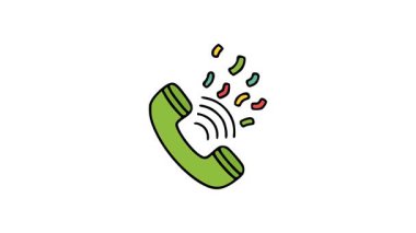 Hoş el çizimi yeşil telefon ikonu. Çalan ses dalgalarını dağınık renkli konfeti aksanlarıyla gösteriyor.