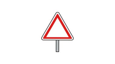 Parlak kırmızı kenar beyaz merkezi ve stilize sırık yapısı ile klasik üçgen uyarı işaretinin minimalist animasyon tasviri