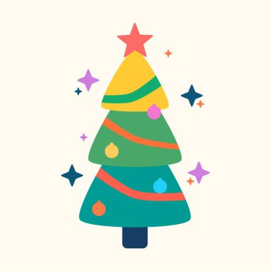 Yıldız Toplayıcı Festivali Dekorasyonları ve Basit Düz Vektör Görünümlü Noel Ağacı Simgesi Tasarımı