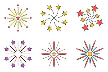 Havai fişek Sembolleri Renkli Vektör Biçiminde Dekoratif Patlamalar ve Yıldızlarla Ayarlandı