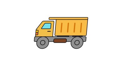 Modern düz simge biçimi ve yüksek karşıtlık renk detaylarını içeren çöp kamyonu animasyon grafiği