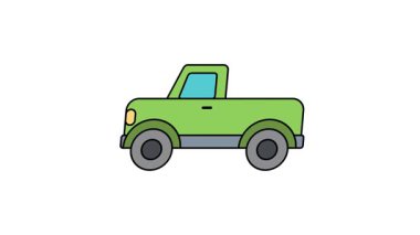 Pickup kamyon animasyon simgesi düz minimalist çizgi film tarzında kalın siyah hatlı