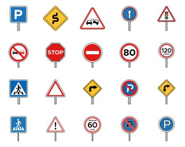 Düzenleme, Uyarı ve Yönlendirme Yol Sembolleri Çağdaş Trafik İşareti Vektör Kümesi
