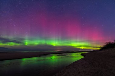 Parlak yeşil ve pembe aurora borealis Aralık ayında Letonya 'nın Baltık Denizi kıyısında yıldızlı gökyüzünde dans ediyor.