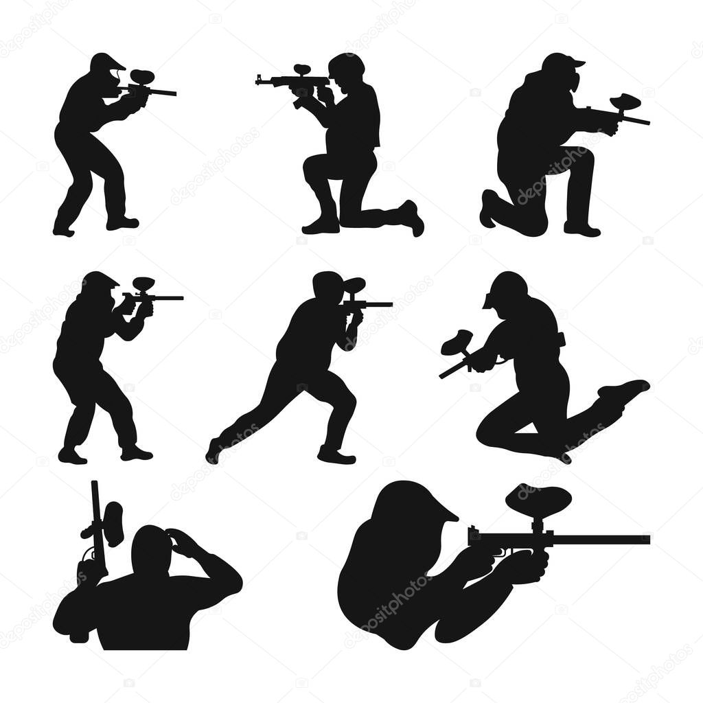 Paintball Player Silhouettes Collection, Paintball player clipart, Paintball player vector illustration.