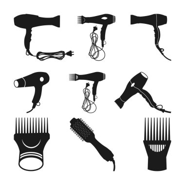 Saç Kurutma, Siluet Toplama, Kuaför Seti Siluetleri Siyah ve Beyaz Saç Biçimlendirme Aletleri,