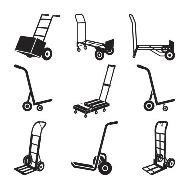 El Kamyonu ve Bebek Silueti Koleksiyonu, Depo ve Lojistik Ekipman Simgeleri, Dolly düz çizgi çizgisi vektör çizimi.