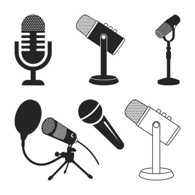 Mikrofon Simgeleri Siluet 'i imzalıyor. Müzik sembolü. Mikrofon simgeleri var. Siyah renk vektörü izole edildi.