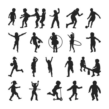 Aktivite Oynayan Çocuklar Siluet Koleksiyonu, Seti Oynayan Çocuklar Clipart, Düz Tasarımcı Çocuk Resimleri
