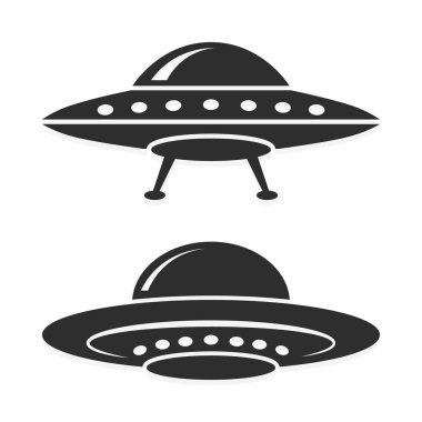 UFO Uçan Daire Simgesi Seti Silueti, Vintage Tasarım Uçan Daireler, beyaz arkaplanda izole edilmiş uçan daire