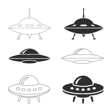 UFO Uçan Daire Simgesi Seti Silueti, Vintage Tasarım Uçan Daireler, beyaz arkaplanda izole edilmiş uçan daire