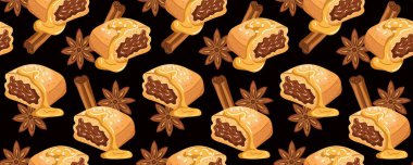seamless repeating pattern background texture with traditional north african sweet makroudh date pastry honey syrup cinnamon stick and star anise on black