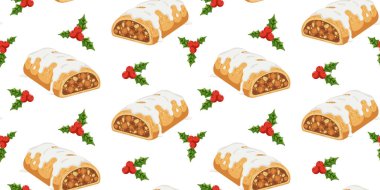 seamless pattern christmas apple strudel vector illustration winter holiday sweet dessert traditional baking holly berries wallpaper festive food background