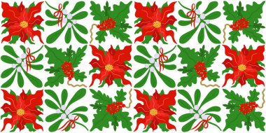 Vektör sanat tasarımı düz tasarım Noel ruhu mutlu yeni yıl çiçekli süslemesi kırmızı yeşil beyaz yinelenen başlıklı tebrik kartı şablonu