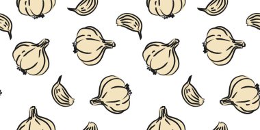 Restoran menüsü ambalajı ve yemek baskısı için minimalist el yapımı sarımsak desenli beyaz arka plan vektör mutfak duvar kağıdı desenli karanfiller.