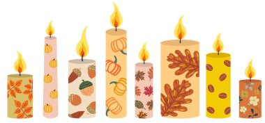 Sonbahar şenlik mumları, Şükran Günü ve Cadılar Bayramı kutlama tasarımı için vektör düz illüstrasyon sonbahar dekorasyon element koleksiyonunu ayarlar