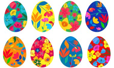 Çiçekli paskalya yumurtaları renkli vektör modern düz grafik tasarımı soyut çiçek desenli bahar tatili dekorasyon afişi poster kartı