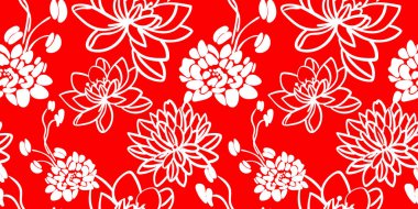 Kusursuz desenli geleneksel Japon çiçek motifli parlak kırmızı arka plan ve beyaz çizgili sanat çiçekleri Asyalı esinlenilmiş tekrarlanabilir tasarım
