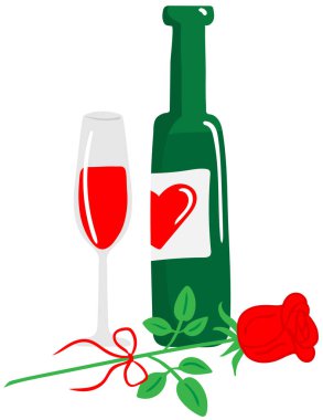 Kutlama ve buluşma konsepti vektörü yeşil şişenin yanına kırmızı şarap çiziyor. Kırmızı gül ve kurdele yıldönümü yemeği günü.