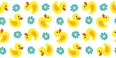 Kusursuz desenli şirin sarı lastik ördekler ve mavi çiçekler bebek arka planı yeni doğan bebek tekstil duvar kâğıdı baskı kağıdı.
