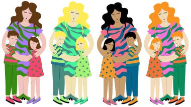 Çocuklu anne izole edilmiş vektör çizimi yapıyor. Kızına ve oğluna sarılan kadınlar.