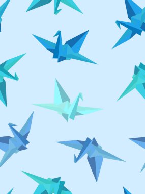 Origami kağıt turnaları pürüzsüz desenli mavi gök mavisi renkler açık mavi arka planda uçan Japon kuşları paketlemek için
