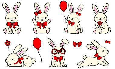 Vektör, çiçek kırmızısı fiyonklu beyaz tavşanları ve balonları izole arkaplan sanatı çocukların çocuk odası dekoru çıkartmaları tasarım elementleri ile sevimli çizgi film dizayn et