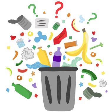 Çöp tenekesi, dağınık çöp ve soru işaretleri, beyaz arka planda izole edilmiş. Çöp kutusundan çıkan dağınık çöp yığını, kirlilik kavramını ayıklıyor.