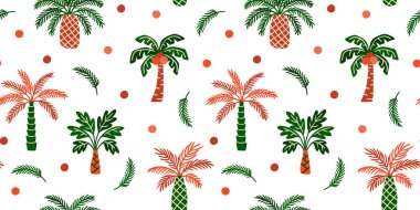 Beyaz arka planda elle çizilmiş renkli palmiye ağaçlarıyla kusursuz yaz deseni tropik bitki duvar kâğıdı.