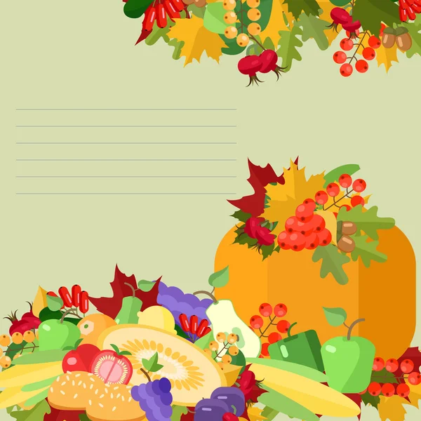 Hálaadás napja, üdvözlőlap, a sütőtök és a gyümölcs — Stock Vector