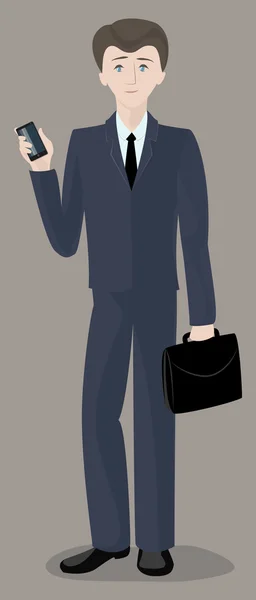 Человек, бизнесмен, офисный работник, стоящий с телефоном и бри — стоковый вектор