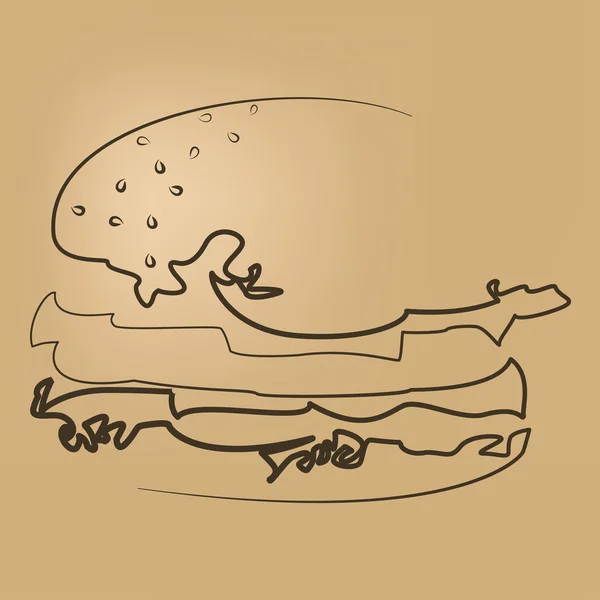 Gamurger disegnato linea con sesamo, sfondo seppia, segno, marchio — Vettoriale Stock