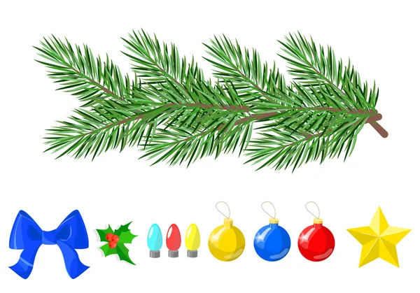 Une branche d'épinette, diverses décorations pour Noël et New Ye — Image vectorielle