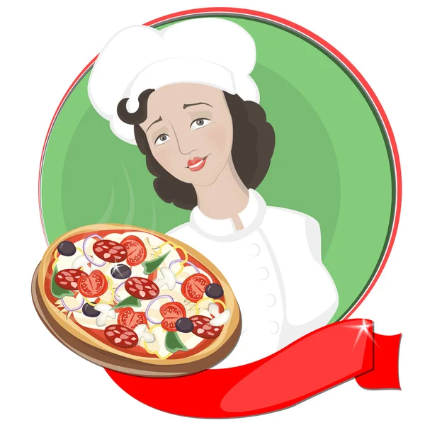 Шеф-кухар Жінка тримає піцу на підношенні, італійську піцу, вектор — стоковий вектор