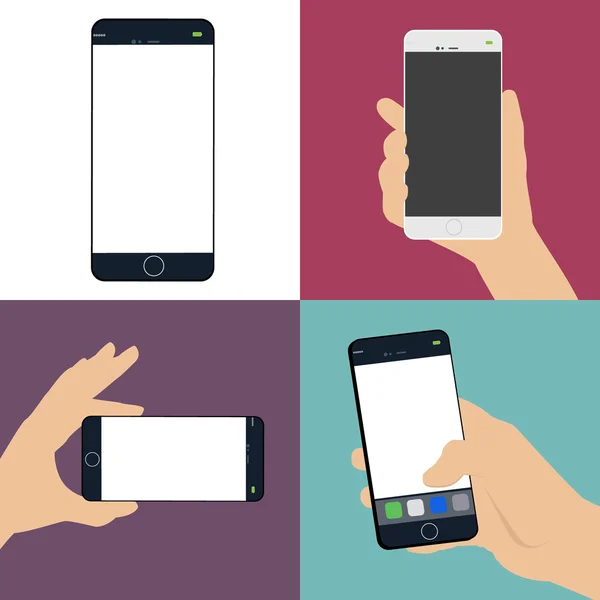 A set of human hand holding a smart phone , a blank white screen — Stock Vector