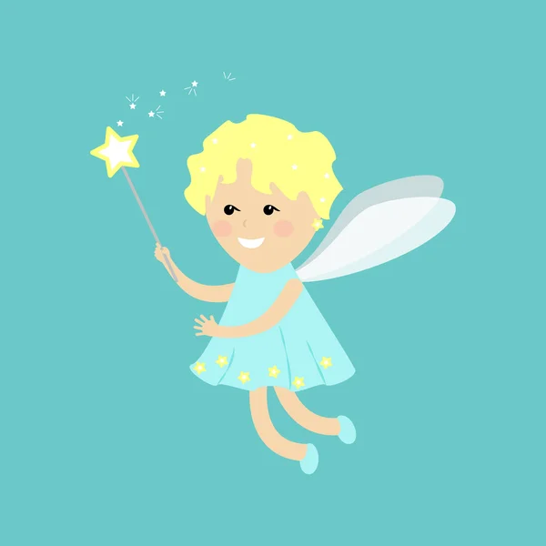 天使妖精のフラット。青色の背景に小さな妖精 — ストックベクタ