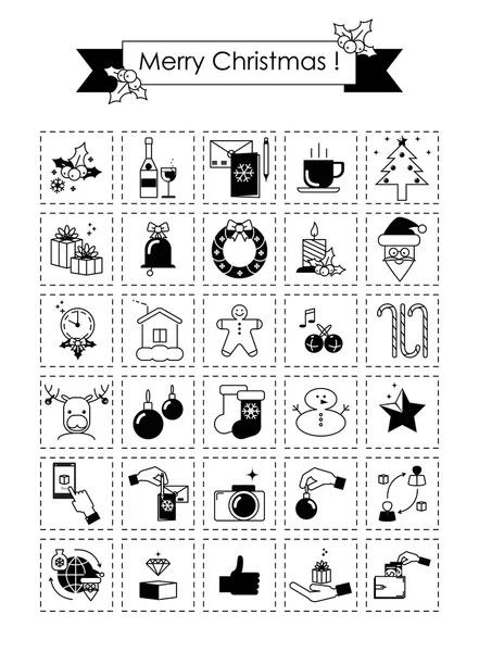 Icônes vectorielles noir et blanc de Noël. Plat linéaire — Image vectorielle