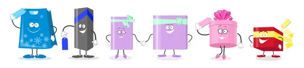 Conjunto regalos. Personajes animados de dibujos animados cajas de regalo. Vector illus — Vector de stock