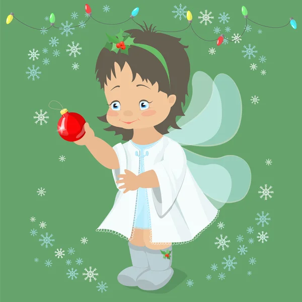 Ange fée de Noël tenant une boule de Noël dans sa main. Végétaux — Image vectorielle