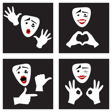 Yüz ifadeleri ve jestleri. MIME maske ve eldiven. Ayarlayın. Ve