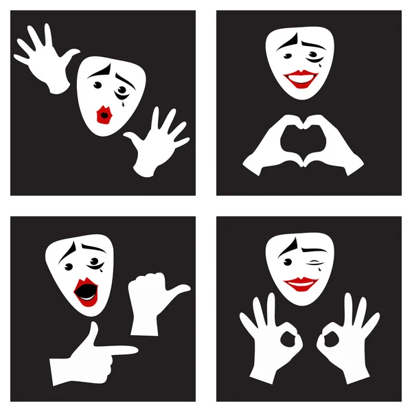 Facial expressions and gestures . Mime mask and gloves . Set. Ve — Stock Vector