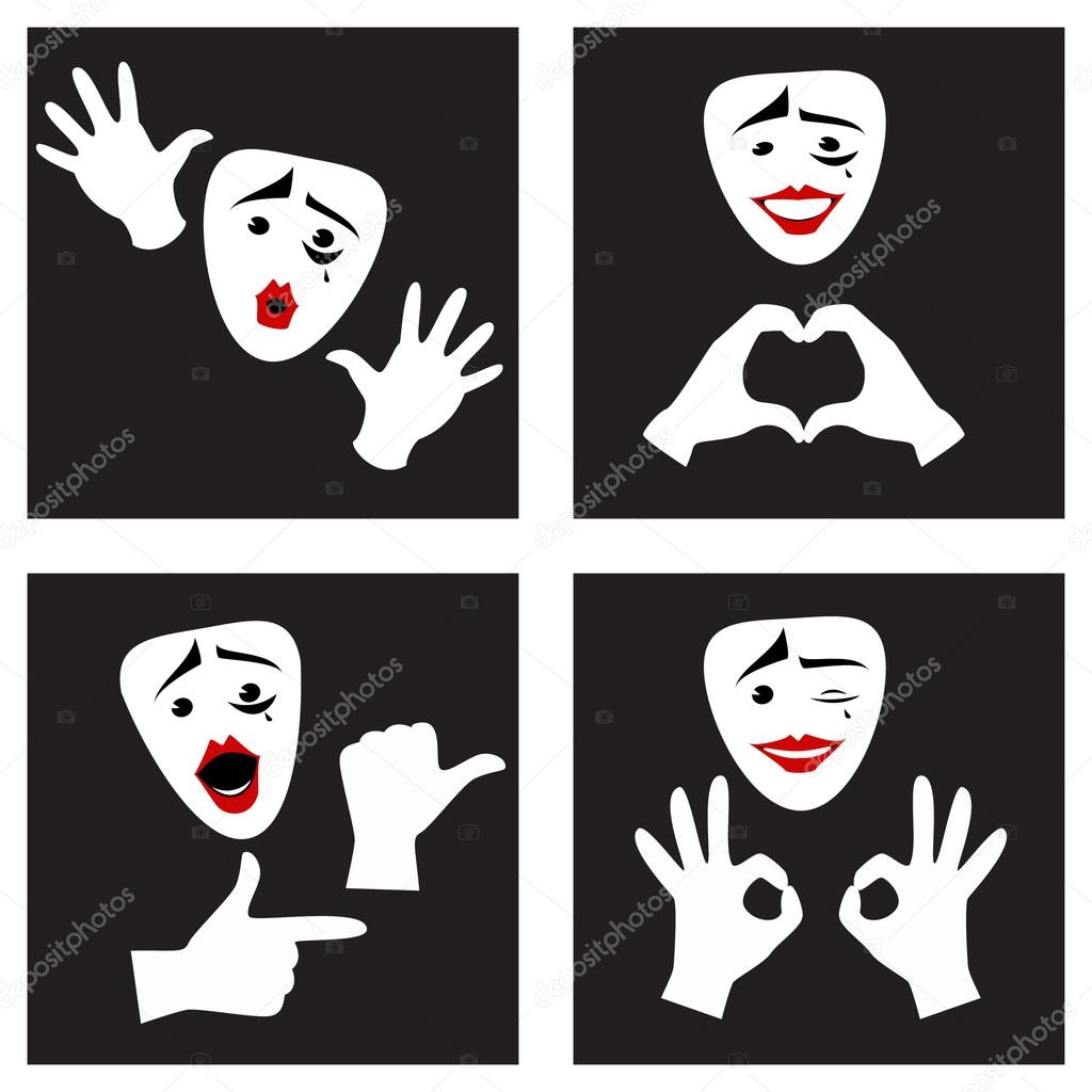 Facial expressions and gestures . Mime mask and gloves . Set. Ve