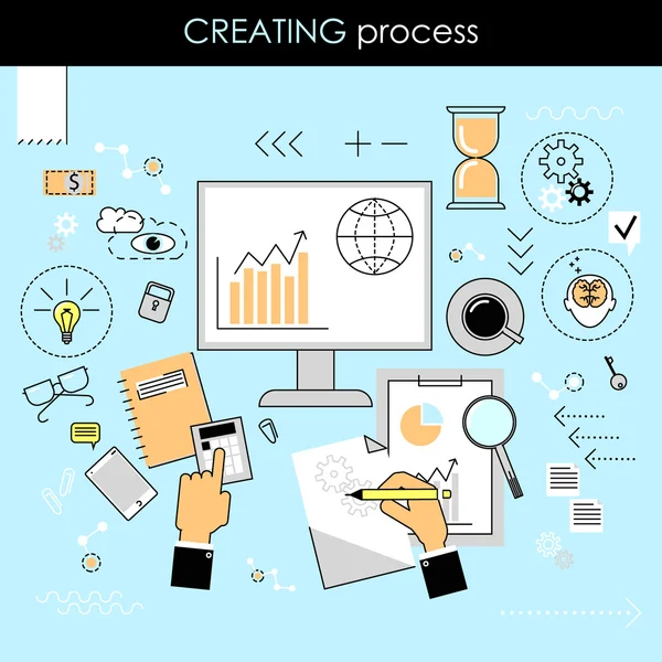 Le concept du processus créatif. Processus de création. Travaux — Image vectorielle