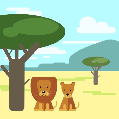 Aslan ve savana bir ağacın altında oturan dişi aslan. Hayvanlar 