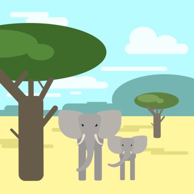 Fil anne ve bebek savana birlikte. Hayvanlar AF