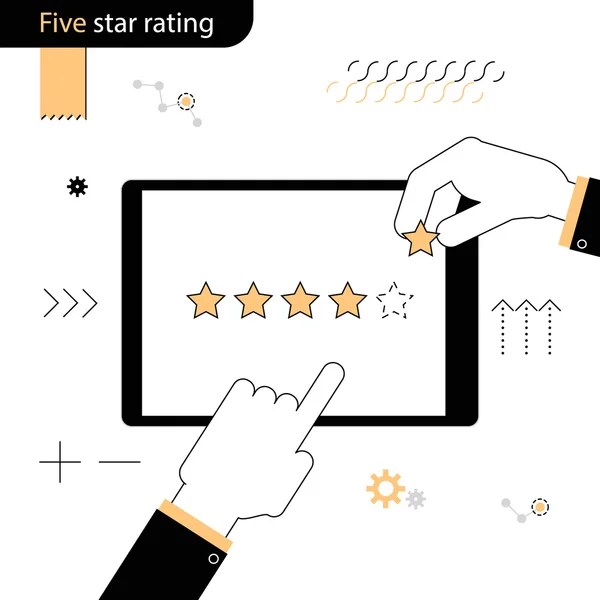 Beş yıldızlı rating. Bir parmak derecelendirme yıldızlara gösteren bir el. El beşinci bir yıldız olarak derecelendirme ekler. Beyaz bir arka plan üzerinde doğrusal düz tasarım