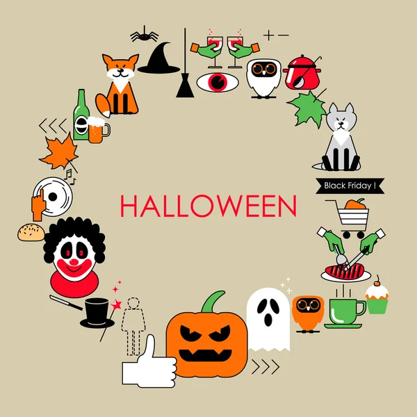 Halloween vetor ilustração de uma linha plana. Conjunto de cartões postais ícones de Halloween — Vetor de Stock