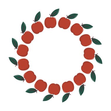 Apple Circle Frame Isolated on White Background. Round frame made of red apples with green leaves arranged in a circle on white background, ideal for food design and natural themes.